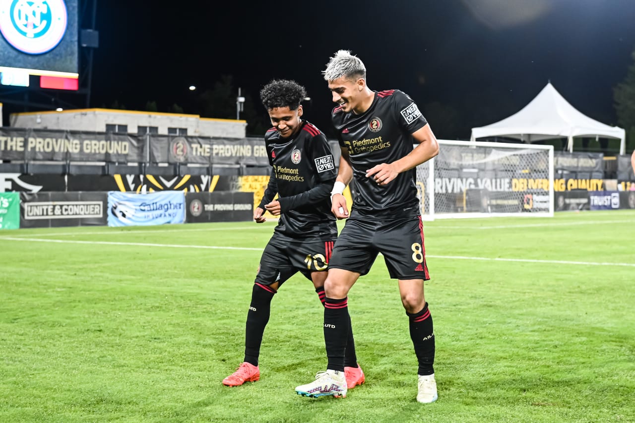 Atlanta United 2 midfielders Jonantan Villal #10 and Nick Firmino #8 celebrate after a goal during the MLS Next Pro match against New York City FC 2 at Fifth-Third Bank Stadium in Marietta, Ga. on Sunday, June 25, 2023. (Photo by Asher Greene/Atlanta United)