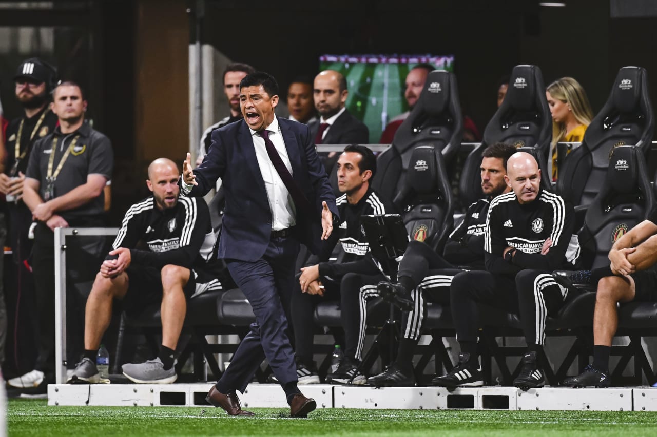 Atlanta United Head Coach Gonzalo Pineda reacts during the match against New York Red Bulls at Mercedes-Benz Stadium in Atlanta, United States on Wednesday August 17, 2022. (Photo by Kyle Hess/Atlanta United)