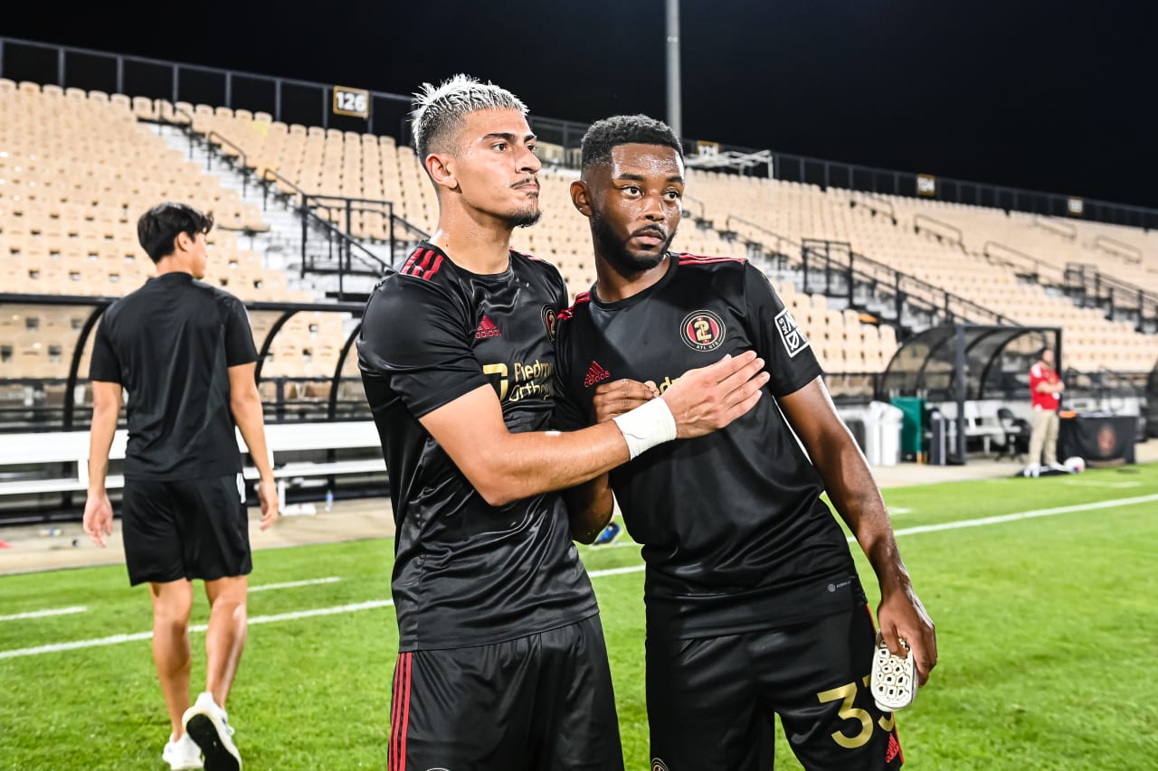 Atlanta United 2 midfielder Nick Firmino #8 and defender Tyler Young #33 after the MLS Next Pro match against New York City FC 2 at Fifth-Third Bank Stadium in Marietta, Ga. on Sunday, June 25, 2023. (Photo by Asher Greene/Atlanta United)