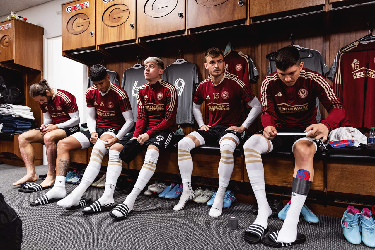 Atlanta United players get ready in the locker room before the preseason match against the Georgia Revolution at Turner Soccer Complex in Athens, Georgia, on Sunday January 30, 2022. (Photo by Jacob Gonzalez/Atlanta United)