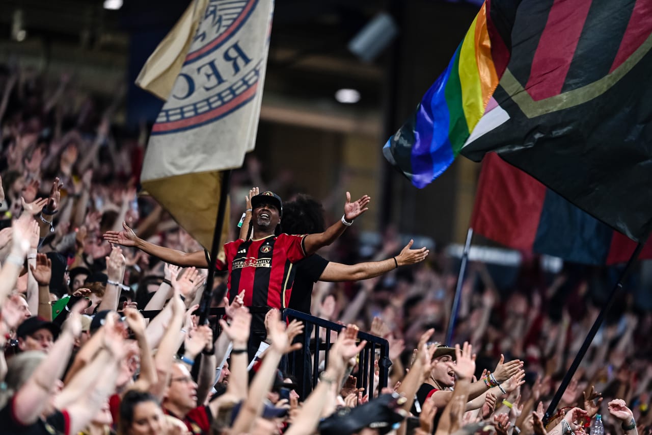 General view of fans during the second half during the match against New York Red Bulls at Mercedes-Benz Stadium in Atlanta, GA on Saturday April 1, 2023. (Photo by Mitchell Martin/Atlanta United)
