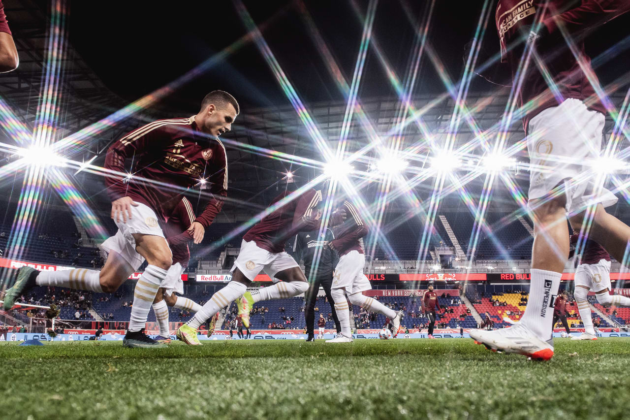Atlanta United defender Brooks Lennon #11 runs during warmups before the match against New York Red Bulls at Red Bull Arena in Harrison, New Jersey, on Wednesday November 3, 2021. (Photo by Jacob Gonzalez/Atlanta United)