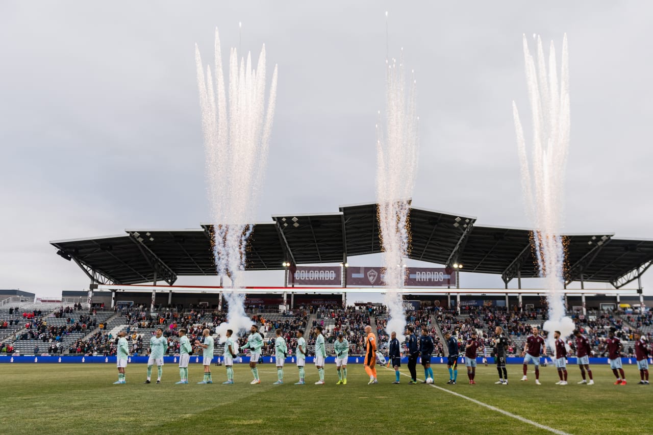 Atlanta United stands during the anthem before the match against Colorado Rapids at Dick's Sporting Goods Park in Commerce City, United States on Saturday March 5, 2022. (Photo by Dakota Williams/Atlanta United)