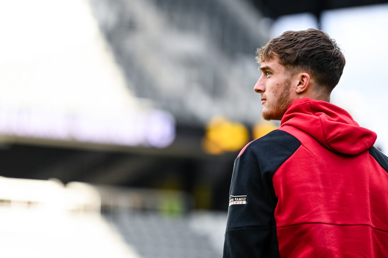 Atlanta United defender Noah Cobb #24 arrives before the match against Columbus Crew at Lower.com Field in Columbus, OH on Saturday March 25, 2023. (Photo by Mitchell Martin/Atlanta United)