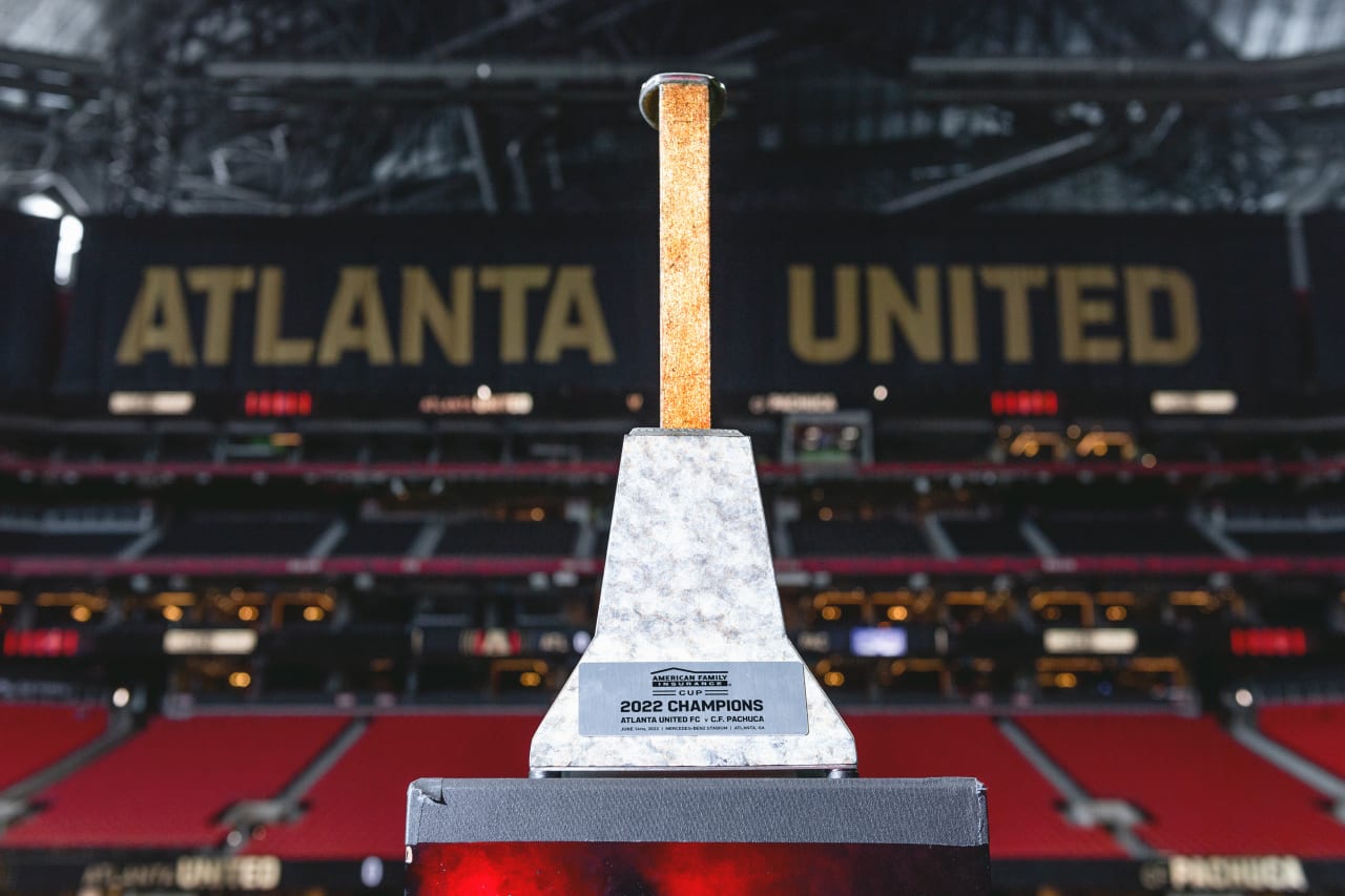 Images of the American Family Insurance Cup trophy before the match against CF Pachuca at Mercedes-Benz Stadium in Atlanta, Georgia, on Tuesday June 14, 2022. (Photo by Dakota Williams/Atlanta United)