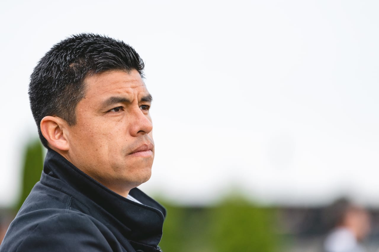 Atlanta United Head Coach Gonzalo Pineda looks on during warm-ups before the Lamar Hunt U.S. Open Cup match against Chattanooga FC at Fifth Third Bank Stadium in Kennesaw, Georgia, on Wednesday April 20, 2022. (Photo by Dakota Williams/Atlanta United)