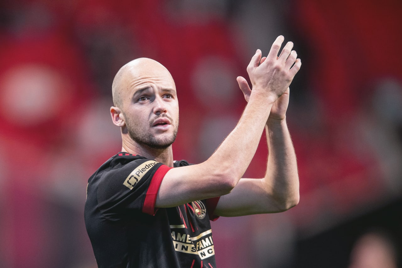 Atlanta United defender Andrew Gutman #15celebrates after the 2022 Opening Day match against Charlotte FC at Mercedes-Benz Stadium in Atlanta, United States on Sunday March 13, 2022. (Photo by AJ Reynolds/Atlanta United)