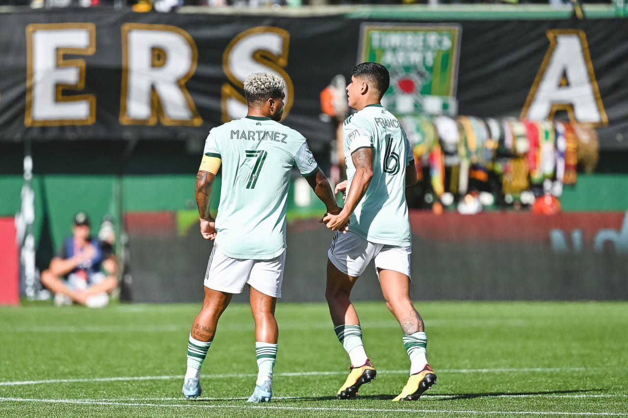Atlanta United forward Josef Martinez #7 reacts after scoring a goal during the second half of the match against Portland Timbers at Providence Park in Portland, United States on Sunday September 4, 2022. (Photo by Dakota Williams/Atlanta United)