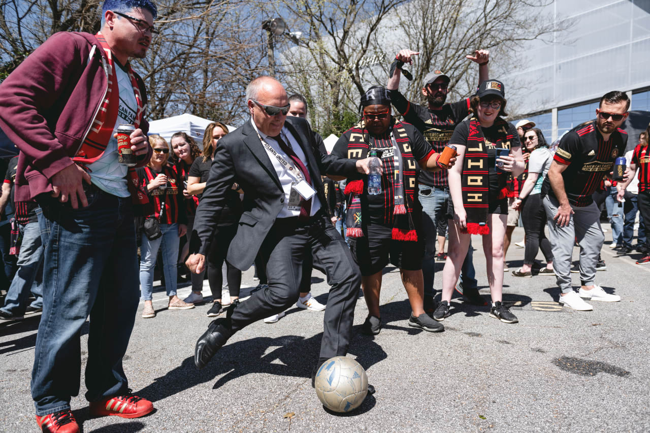 Darren Eales celebrating with fans at the Home Depot Backyard prior to the match against CF Montreal at Mercedes-Benz Stadium in Atlanta, United States on Saturday March 19, 2022. (Photo by Adam Hagy/Atlanta United)