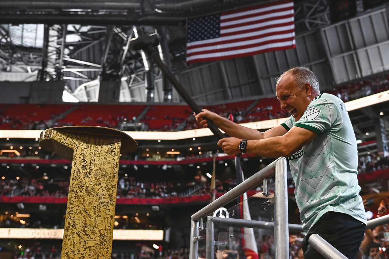 Atlanta United president Darren Eales hits the spike  prior to the match against Seattle Sounders FC at Mercedes-Benz Stadium in Atlanta, United States on Saturday August 6, 2022. (Photo by Mitchell Martin/Atlanta United)