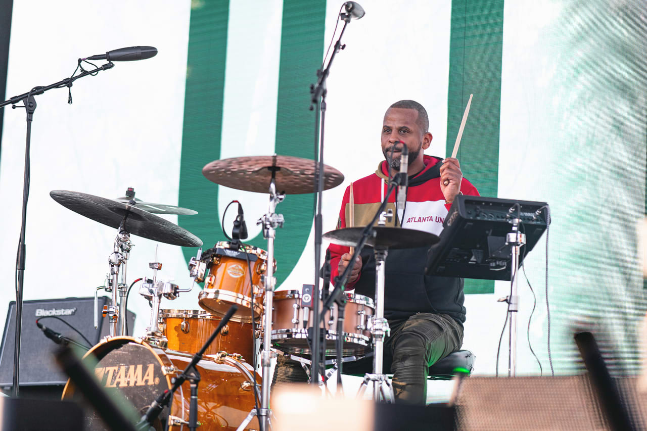 A band plays during the 2022 Atlanta United Kit Launch at Piedmont Park in Atlanta, United States on Saturday February 19, 2022. (Photo by Mitchell Martin/Atlanta United)