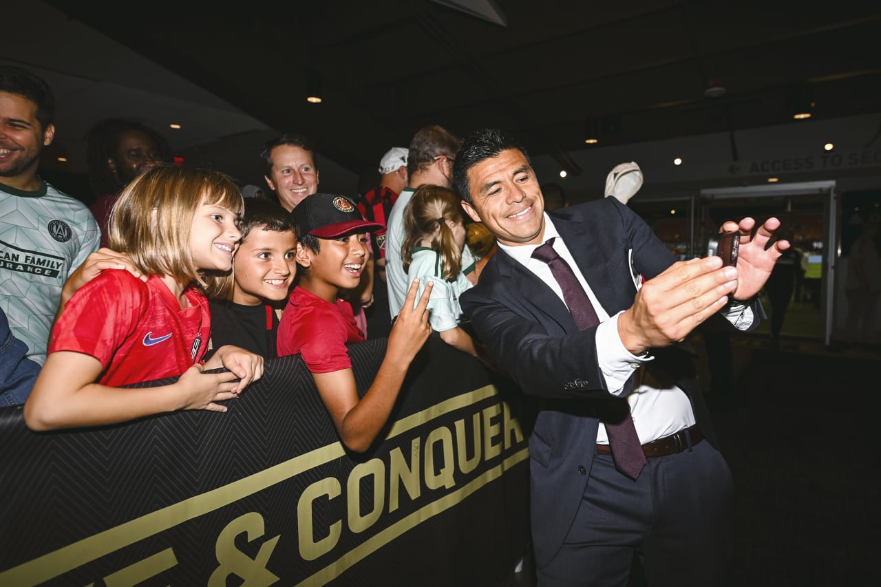 Atlanta United Head Coach Gonzalo Pineda celebrates with supporters after the match against Real Salt Lake at Mercedes-Benz Stadium in Atlanta, United States on Wednesday July 13, 2022. (Photo by Mitchell Martin/Atlanta United)