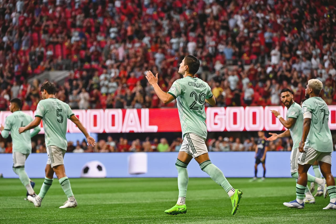 Atlanta United forward Ronaldo Cisneros #29 celebrates after scoring a goal during the first half of the match against Seattle Sounders FC at Mercedes-Benz Stadium in Atlanta, United States on Saturday August 6, 2022. (Photo by Dakota Williams/Atlanta United)