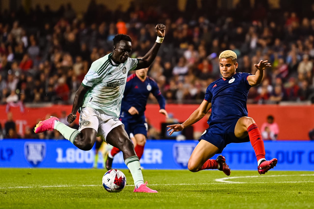 Atlanta United forward Machop Chol #30 dribbles during the second half of the match against Chicago Fire FC at Soldier Field in Chicago, IL on Saturday May 20, 2023. (Photo by Mitchell Martin/Atlanta United)