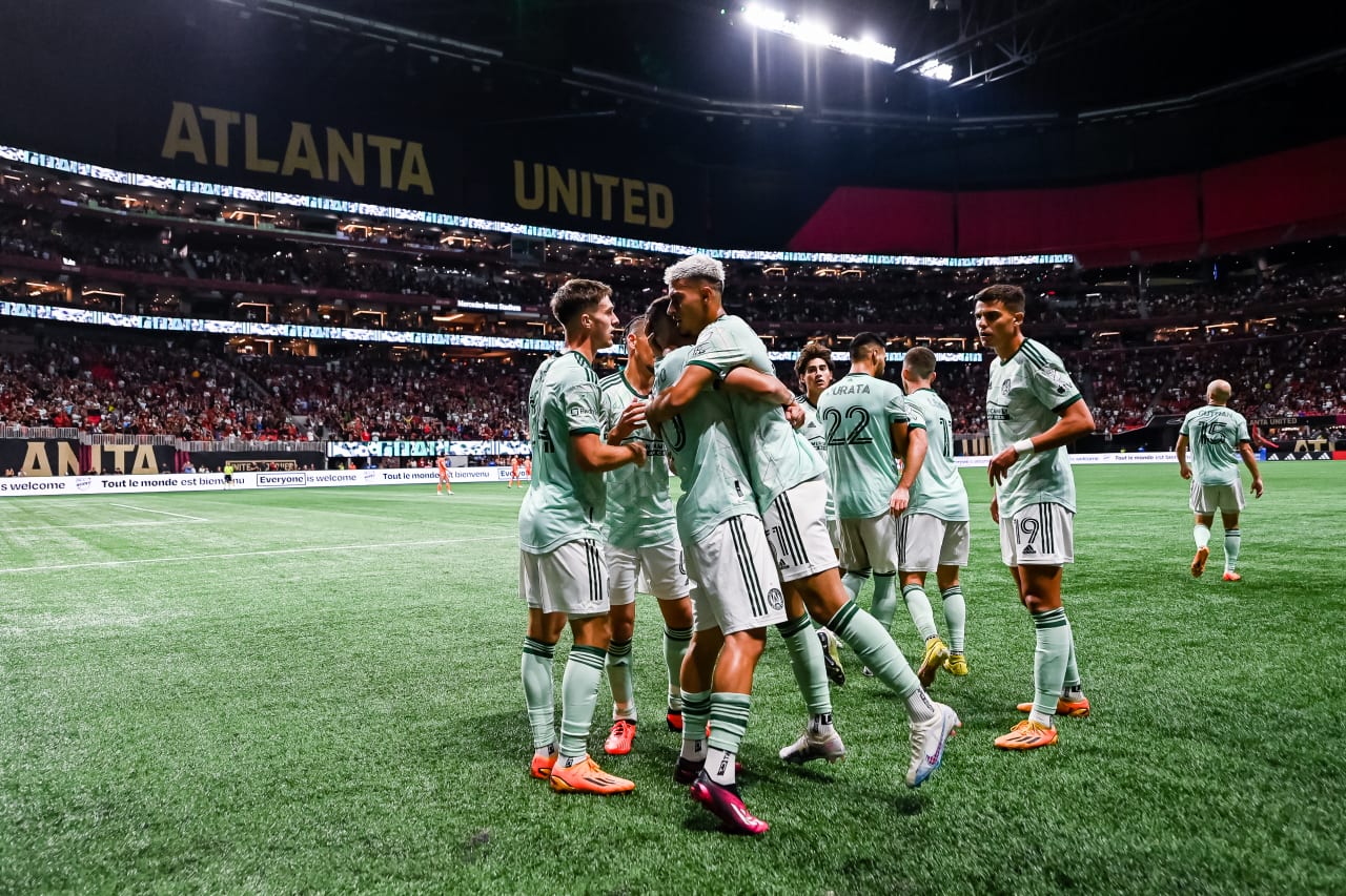 Atlanta United midfielder Nick Firmino #51 celebrates with teammates after scoring in the second half during the match against New York City FC at Mercedes-Benz Stadium in Atlanta, GA on Wednesday, June 21, 2023. (Photo by Mitchell Martin/Atlanta United)