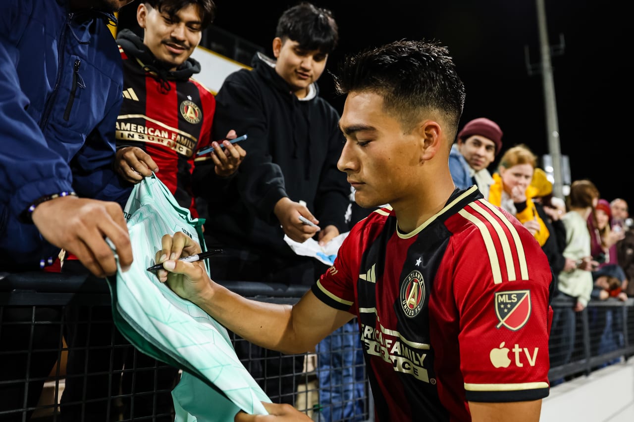 Atlanta United forward Tyler Wolff #28 greets fans after the Open Cup match against Memphis 901 FC at Fifth Third Bank Stadium in Kennesaw, GA on Wednesday April 26, 2023. (Photo by Bee Trofort-Wilson/Atlanta United)