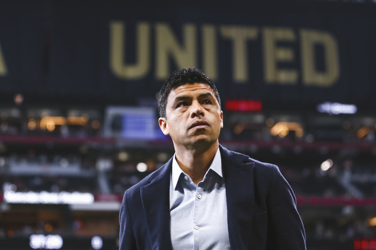 Atlanta United Head Coach Gonzalo Pineda looks on before the match against New England Revolution at Mercedes-Benz Stadium in Atlanta, United States on Sunday May 15, 2022. (Photo by Casey Sykes/Atlanta