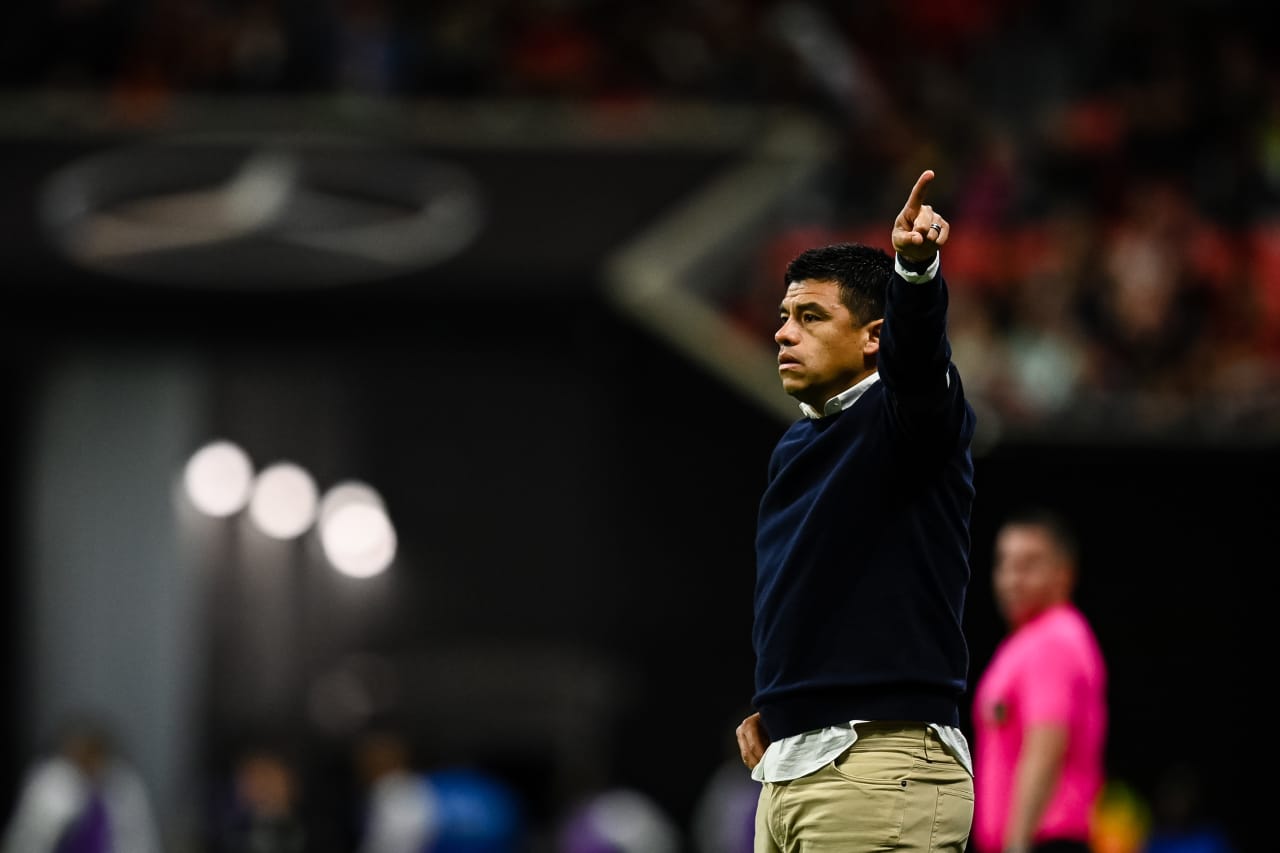 Atlanta United Head Coach Gonzalo Pineda on the sideline during the second half of the match against Columbus Crew at Mercedes-Benz Stadium in Atlanta, GA on Saturday, October 7, 2023. (Photo by Mitch Martin/Atlanta United)