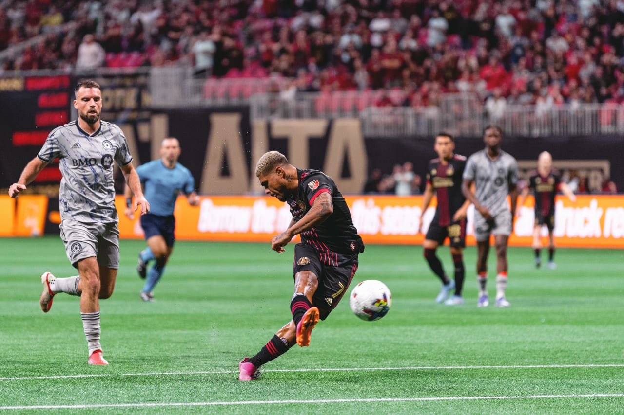 Atlanta United forward Josef Martinez #7 scores a goal during the match against CF Montreal at Mercedes-Benz Stadium in Atlanta, United States on Saturday March 19, 2022. (Photo by Mitchell Martin/Atlanta United)