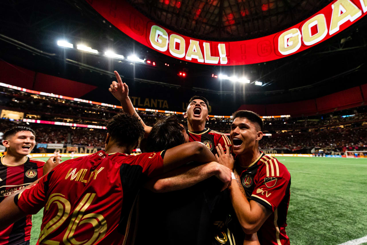 Atlanta United midfielder Thiago Almada #23 reacts after scoring during the match against Portland Timbers at Mercedes-Benz Stadium in Atlanta, Ga. on Saturday, March 18, 2023. (Photo by Mitchell Martin/Atlanta United)