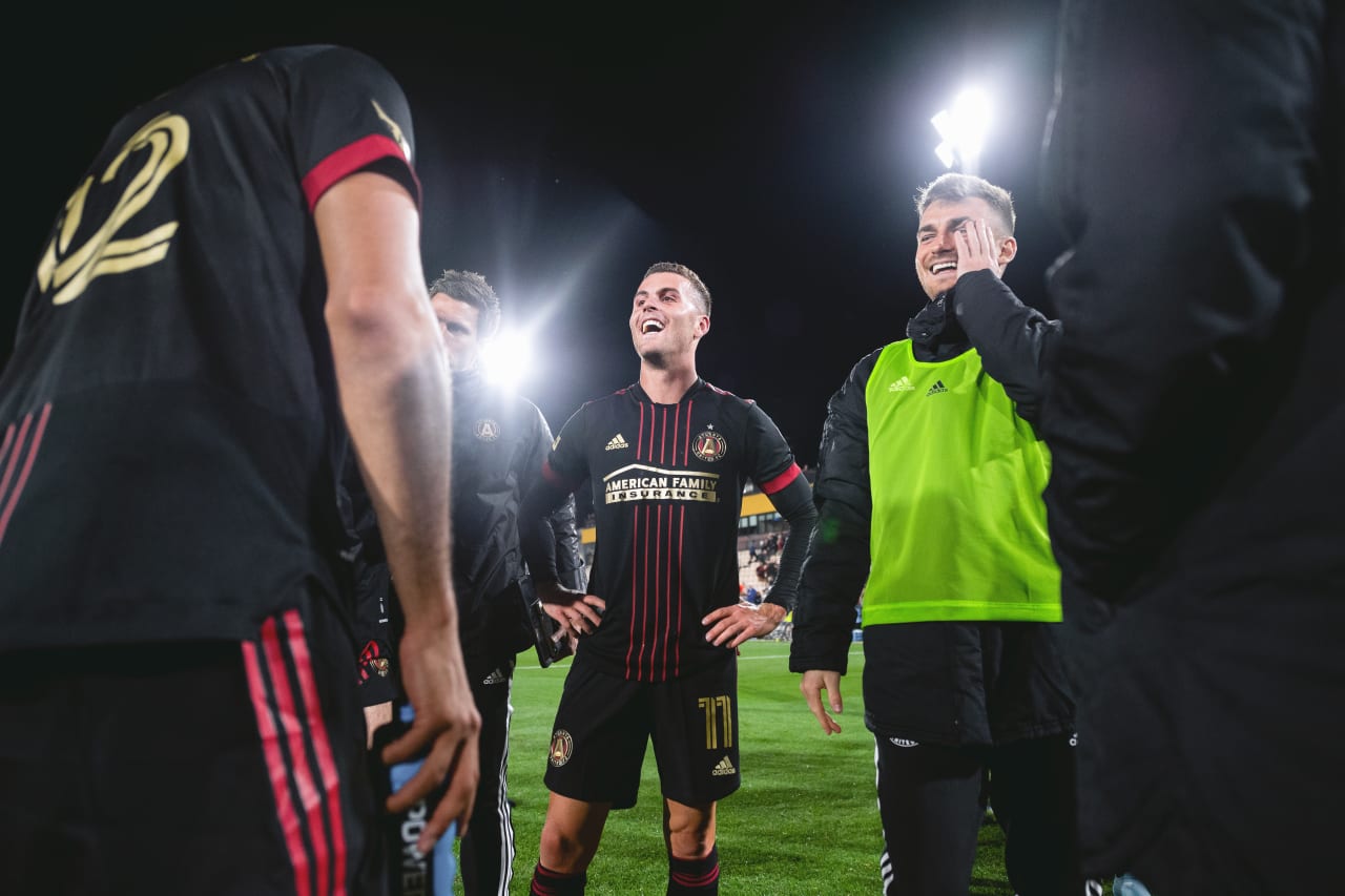 Atlanta United defender Brooks Lennon #11 smiles and laughs on the pitch after winning after the match against Chattanooga FC at Fifth Third Bank Stadium in Kennesaw, United States on Wednesday April 20, 2022. (Photo by Dakota Williams/Atlanta United)