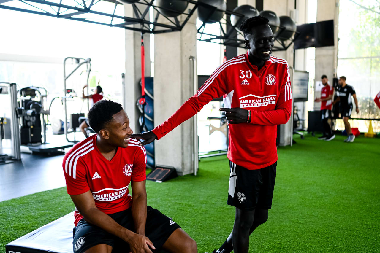 Atlanta United midfielder Ajani Fortune and forward Machop Chol #30 laugh together during a preseason training camp session at CAR - Mexican National Team Training Facility in Mexico City, CDMX, on Tuesday January 31, 2023. (Photo by Mitch Martin/Atlanta United)