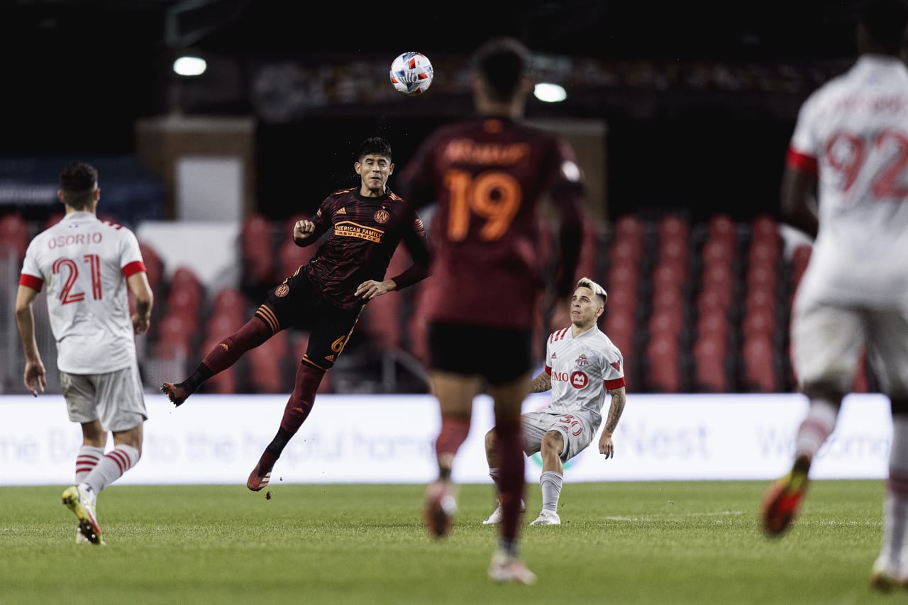 Atlanta United defender Alan Franco #6 goes up for the ball during the match against Toronto FC at BMO Training Ground in Toronto, Ontario on Saturday October 16, 2021. (Photo by Jacob Gonzalez/Atlanta United)