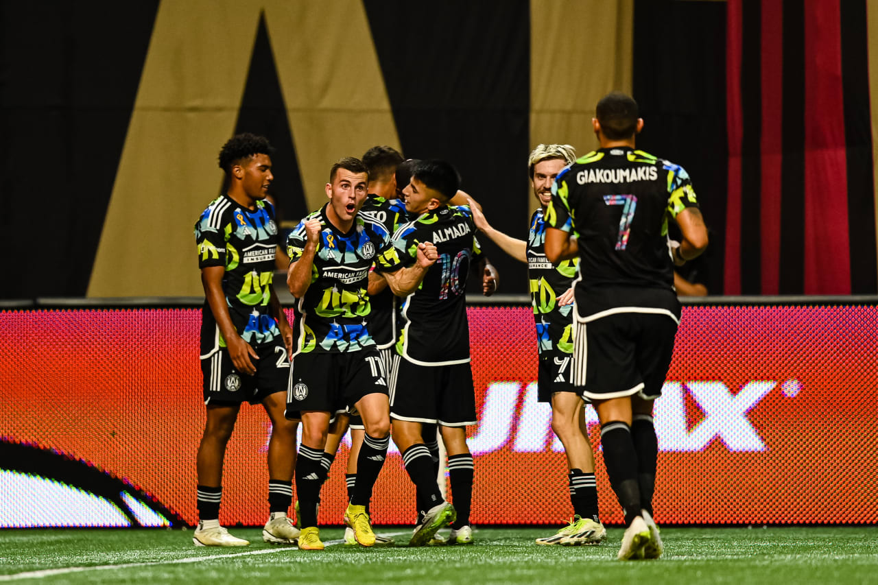 Atlanta United players celebrate after a goal during the first half of the match against CF Montreal at Mercedes-Benz Stadium in Atlanta, GA on Saturday, September 23, 2023. (Photo by Mitch Martin/Atlanta United)