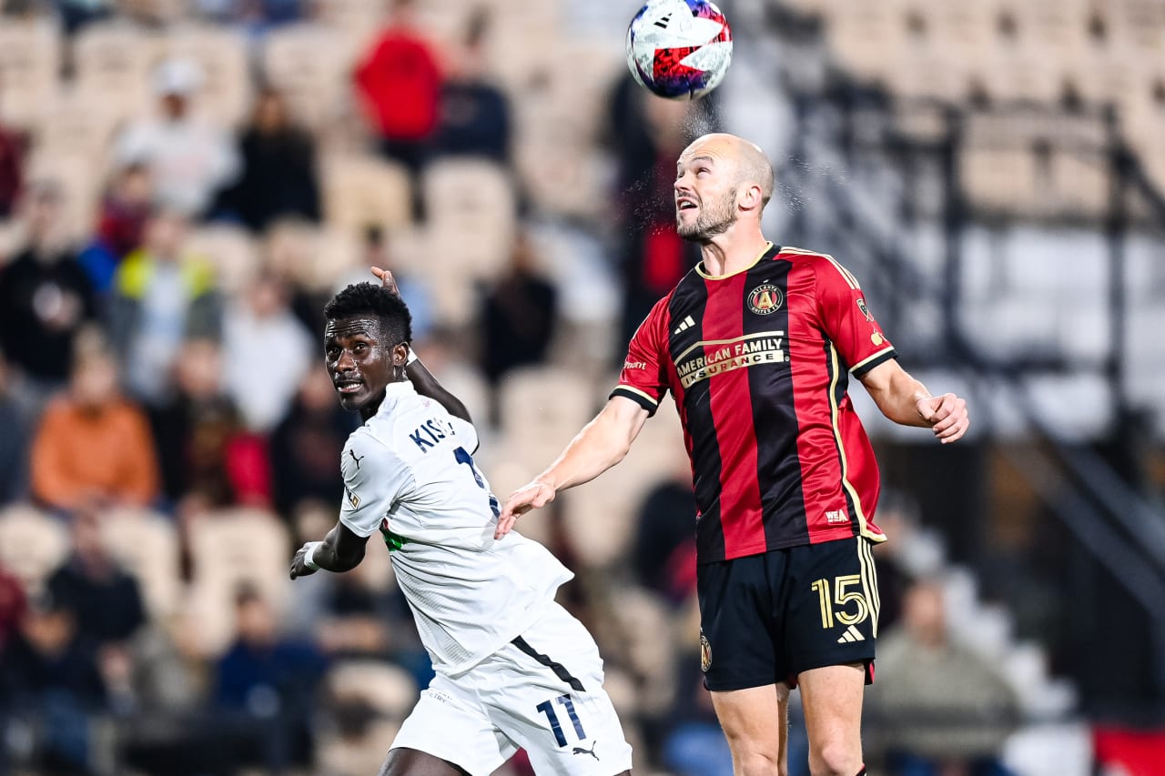 Atlanta United defender Andrew Gutman #15 heads the ball during the second half of the Open Cup match against Memphis 901 FC at Fifth Third Bank Stadium in Kennesaw, GA on Wednesday April 26, 2023. (Photo by Mitchell Martin/Atlanta United)