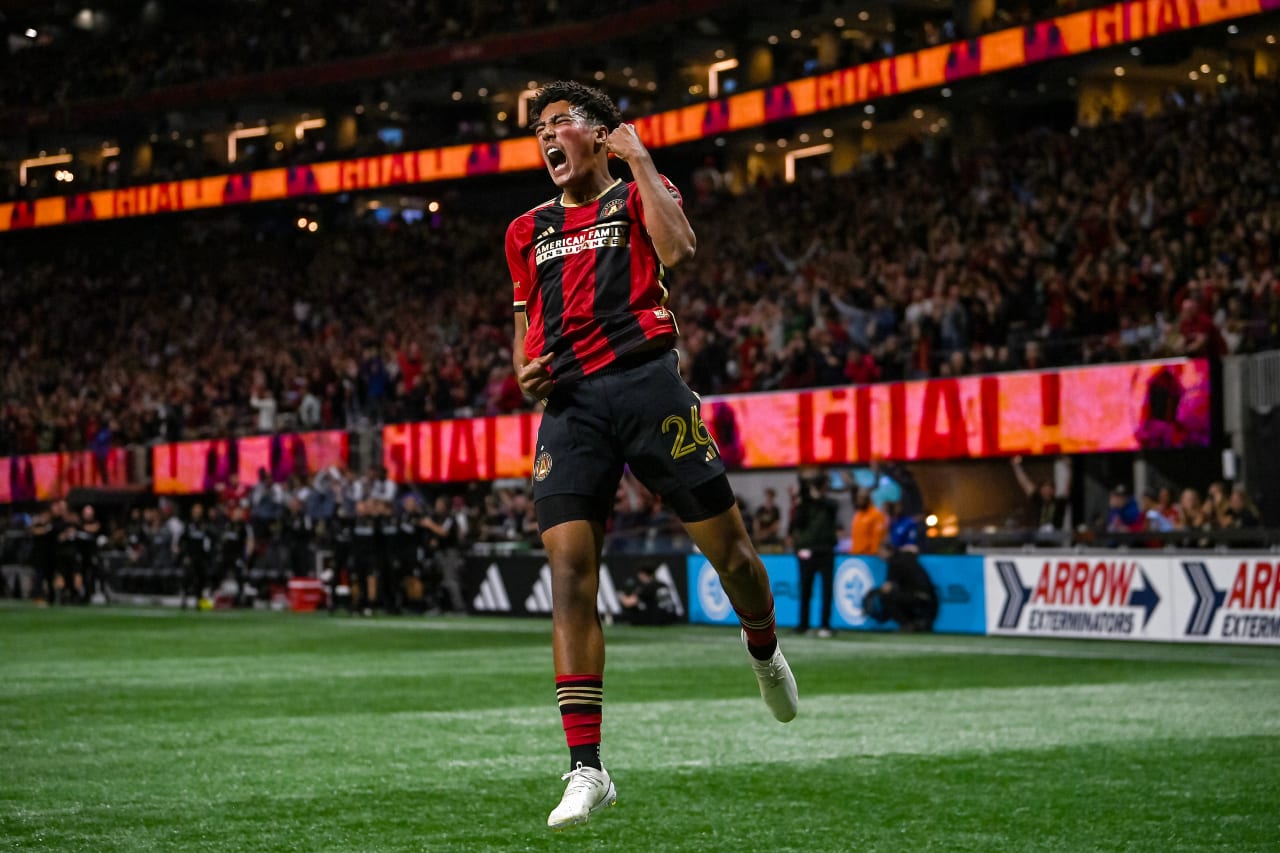 Atlanta United defender Caleb Wiley #26 celebrates a goal during the first half of the match against Portland Timbers at Mercedes-Benz Stadium in Atlanta, GA on Saturday, March 18, 2023. (Photo by Brandon Magnus/Atlanta United)