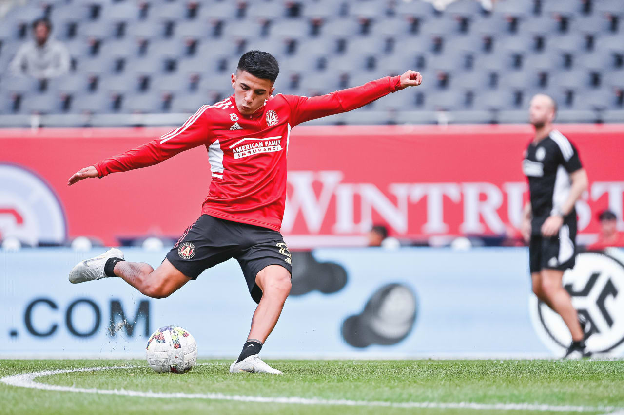 Atlanta United midfielder Thiago Almada #8 kicks the ball during warmups before the match against Chicago Fire FC at Soldier Field in Chicago, United States on Saturday July 30, 2022. (Photo by Dakota Williams/Atlanta United)