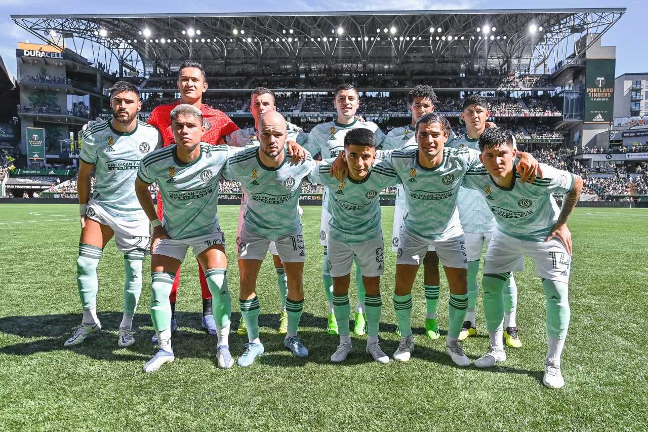 The Atlanta United Starting XI pose for a photo before the match against Portland Timbers at Providence Park in Portland, United States on Sunday September 4, 2022. (Photo by Dakota Williams/Atlanta United)