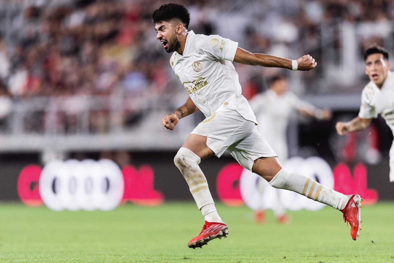 Atlanta United midfielder Marcelino Moreno #10 celebrates after scoring a goal during the match against D.C. United at Audi Field in Washington, District of Columbia on Saturday August 21, 2021. (Photo by Jacob Gonzalez/Atlanta United)