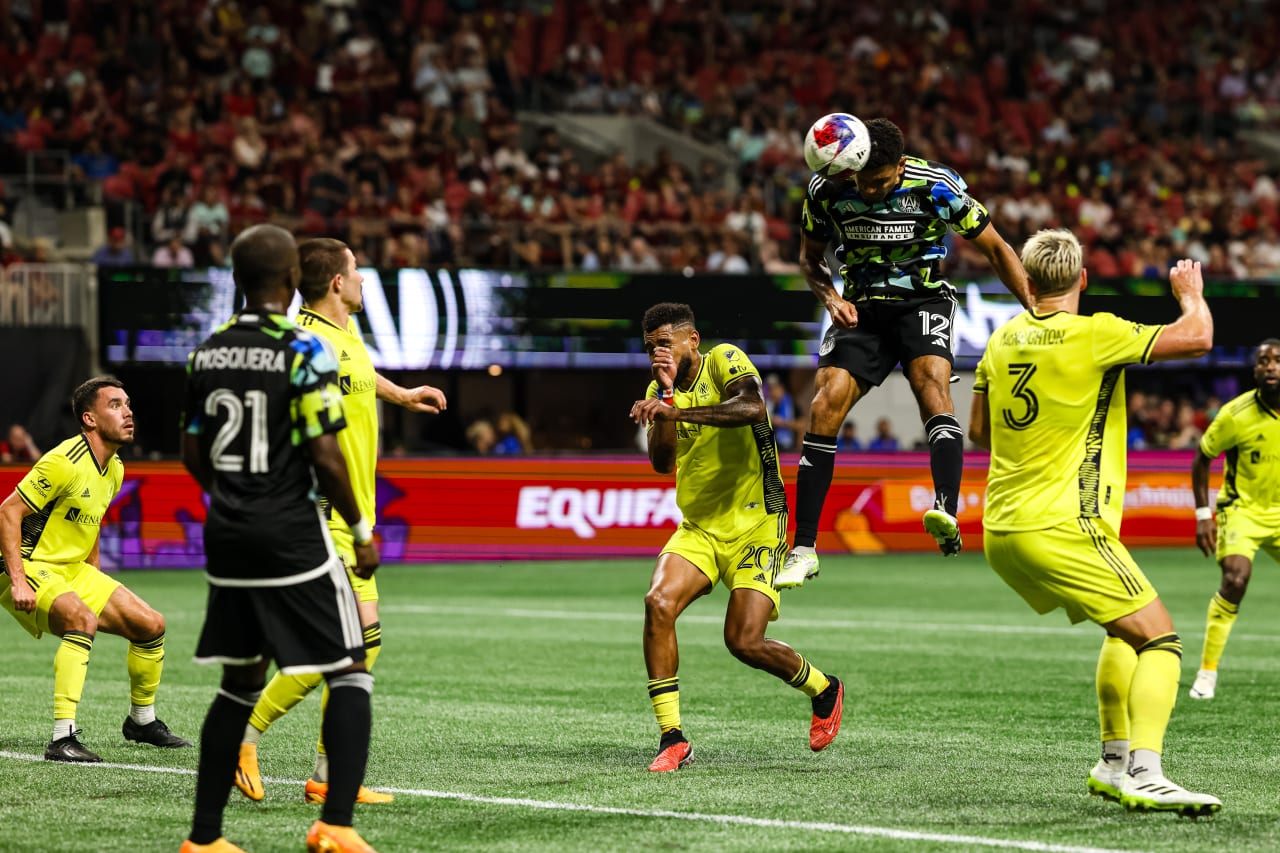 Atlanta United defender Miles Robinson #12 heads the ball for a goal during the second half of the match against Nashville SC at Mercedes-Benz Stadium in Atlanta, GA on Saturday, August 26, 2023. (Photo by Casey Sykes/Atlanta United)