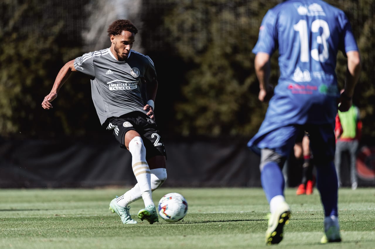 Atlanta United defender Bryce Washington #27 passes the ball during the second half of the preseason match against the Georgia Revolution at Turner Soccer Complex in Athens, Georgia, on Sunday January 30, 2022. (Photo by Jacob Gonzalez/Atlanta United)