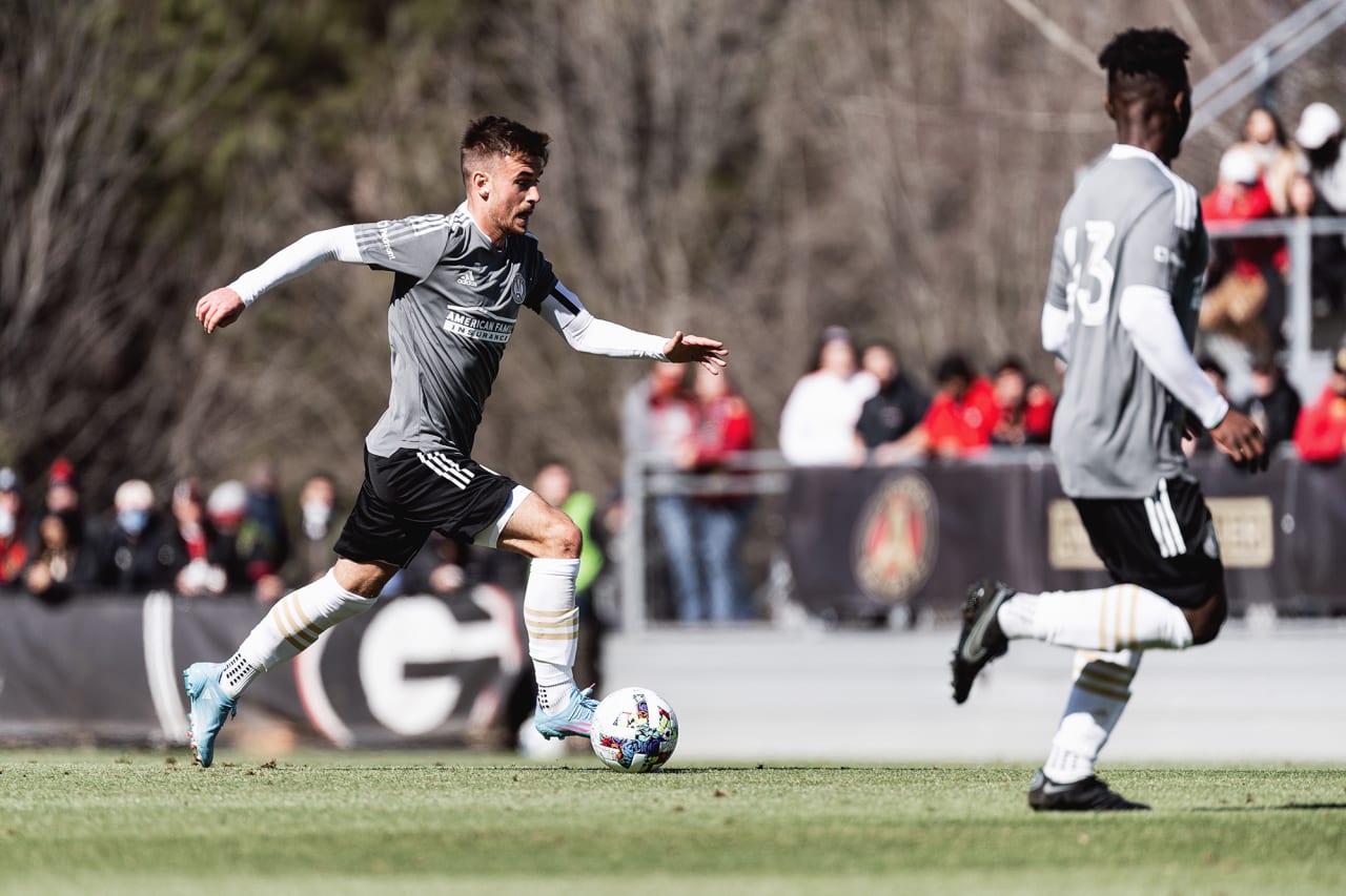 Atlanta United midfielder Amar Sejdic #13 dribbles the ball during the second half of the preseason match against the Georgia Revolution at Turner Soccer Complex in Athens, Georgia, on Sunday January 30, 2022. (Photo by Jacob Gonzalez/Atlanta United)