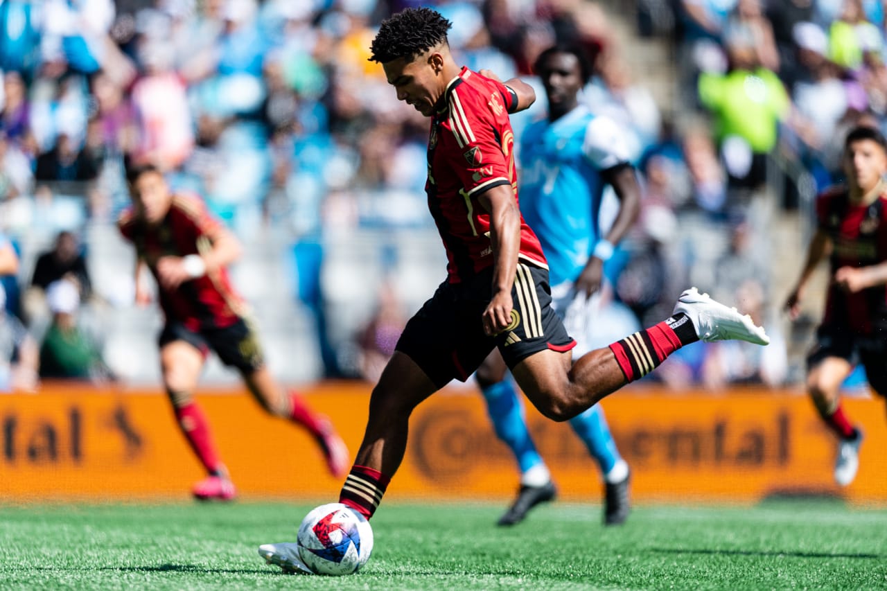 Atlanta United defender Caleb Wiley #26 shoots and scores during the match against Charlotte FC at Bank of America Stadium in Charlotte, North Carolina on Saturday, March11, 2023. (Photo by Mitch Martin/Atlanta United)