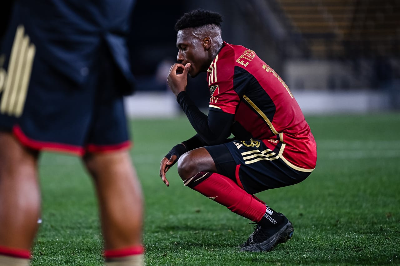 Atlanta United midfielder Derrick Etienne Jr. #18 reacts after the Open Cup match against Memphis 901 FC at Fifth Third Bank Stadium in Kennesaw, GA on Wednesday April 26, 2023. (Photo by Mitchell Martin/Atlanta United)