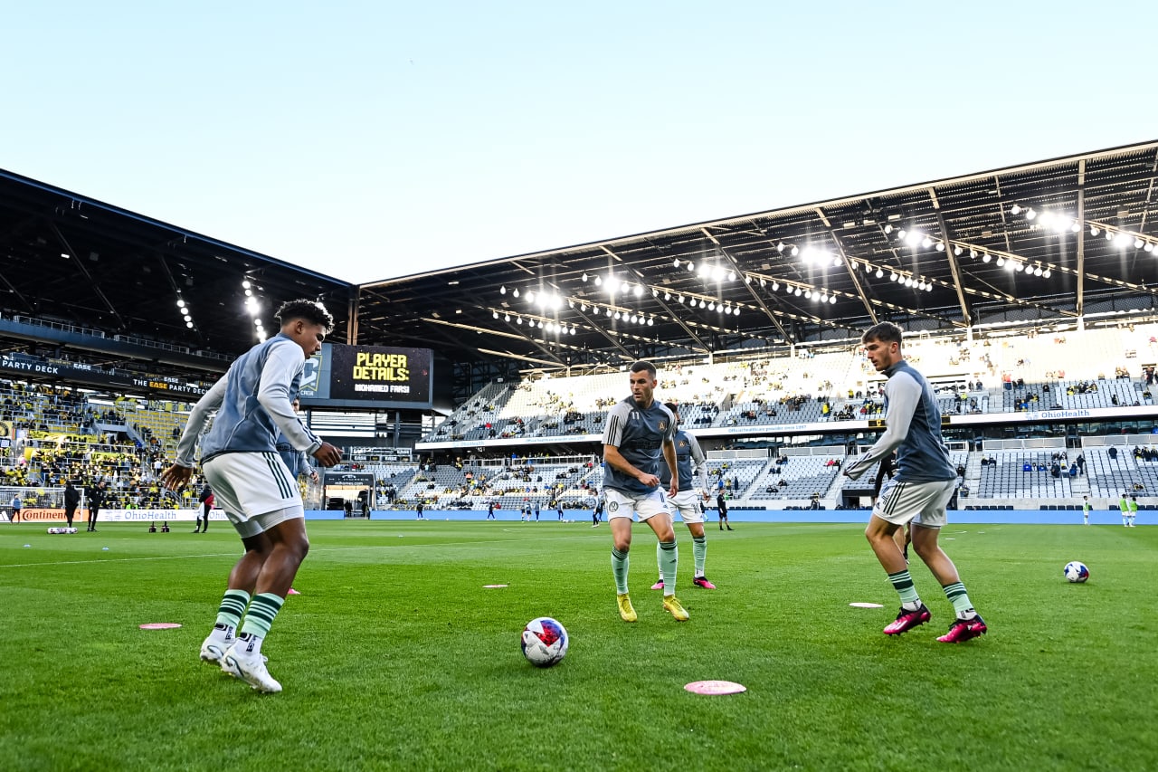 Atlanta United players warm up before the match against Columbus Crew at Lower.com Field in Columbus, OH on Saturday March 25, 2023. (Photo by Mitchell Martin/Atlanta United)