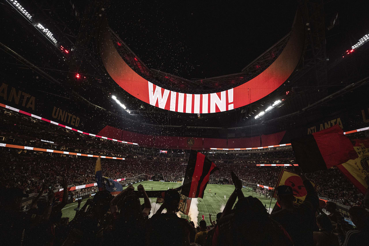 General view of the stadium after Atlanta United wins the match against Inter Miami at Mercedes-Benz Stadium in Atlanta, Georgia on Wednesday October 27, 2021. (Photo by Karl Moore/Atlanta United)