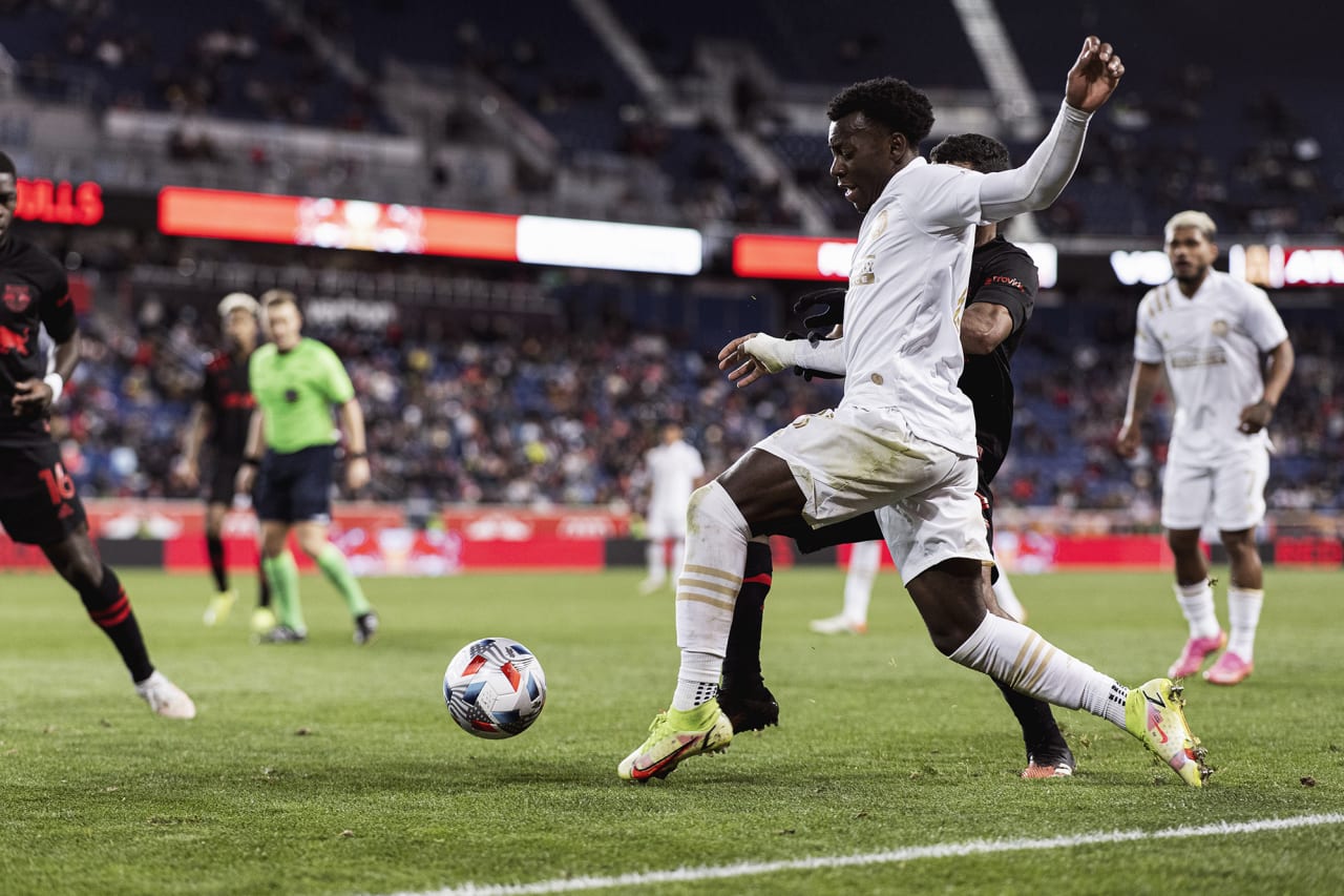 Atlanta United defender George Bello #21 dribbles the ball during the match against New York Red Bulls at Red Bull Arena in Harrison, New Jersey on Wednesday November 3, 2021. (Photo by Jacob Gonzalez/Atlanta United)