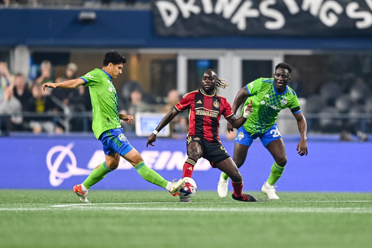Atlanta United midfielder Tristan Muyumba #8 defends during the second half of the match against Seattle Sounders FC at Lumen Field in Seattle, WA on Sunday, August 20, 2023. (Photo by Mitch Martin/Atlanta United)