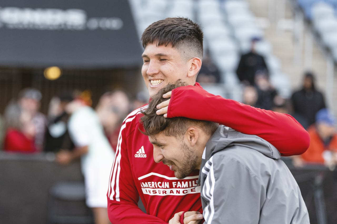 Atlanta United midfielder Franco Ibarra #14 talks with CF Montreal players after their match at Stade Saputo in Montreal, Canada on Saturday April 30, 2022. (Photo by Dakota Williams/Atlanta United)