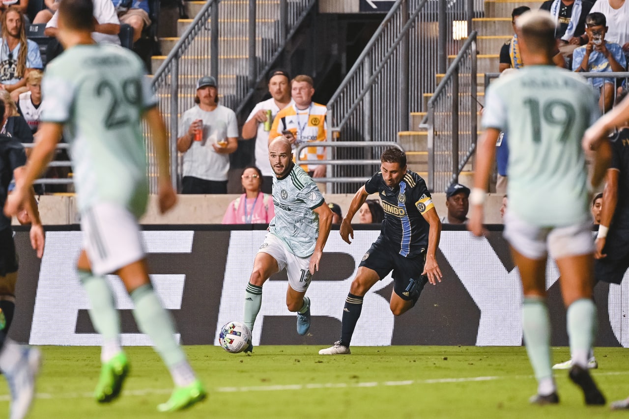 Atlanta United defender Andrew Gutman #15 dribbles the ball during the first half of the match against Philadelphia Union at Subaru Park in Philadelphia, United States on Wednesday August 31, 2022. (Photo by Dakota Williams/Atlanta United)