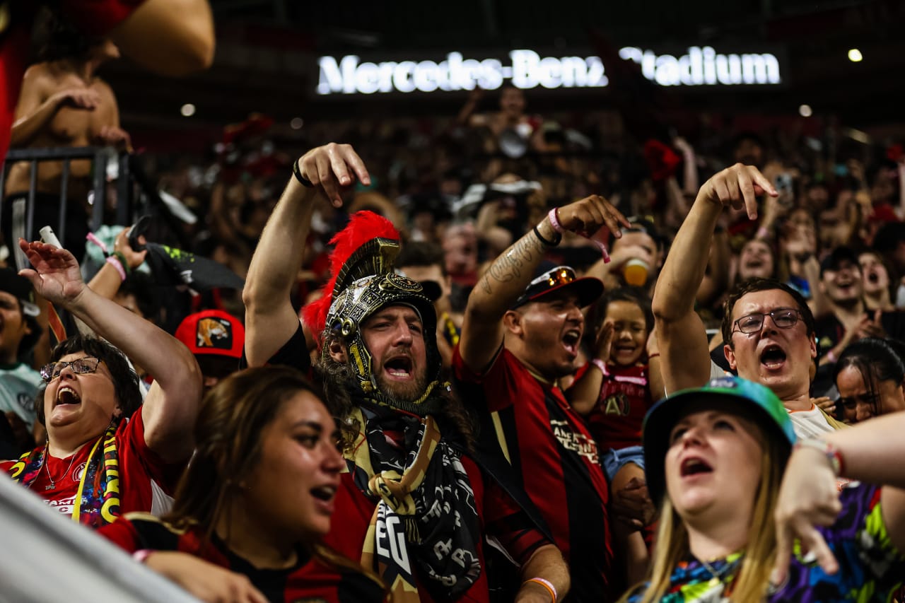 Fans cheer during the second half of the match against Nashville SC at Mercedes-Benz Stadium in Atlanta, GA on Saturday, August 26, 2023. (Photo by Chamberlain Smith/Atlanta United)