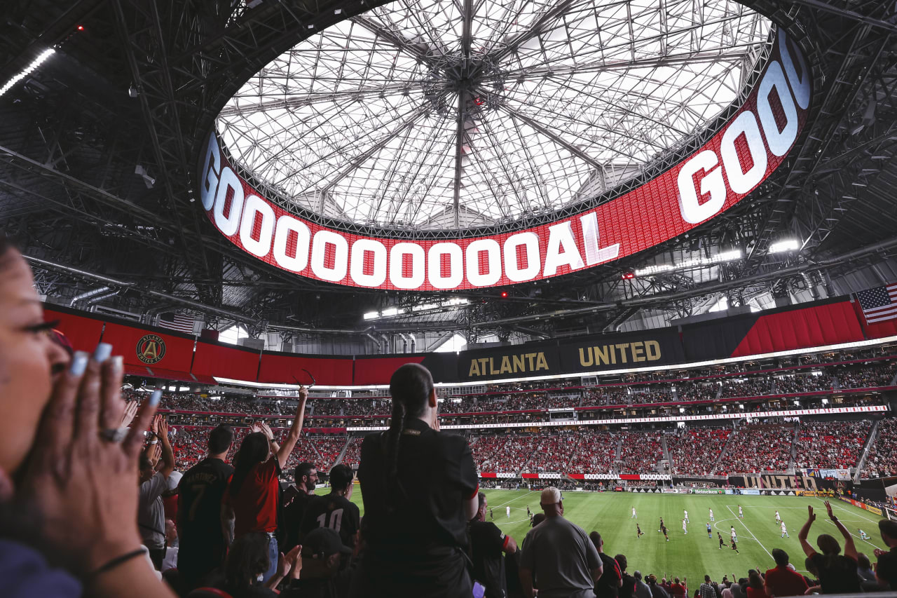 General view after a goal is scored during the match against New England Revolution at Mercedes-Benz Stadium in Atlanta, United States on Sunday May 15, 2022. (Photo by Casey Sykes/Atlanta United)
