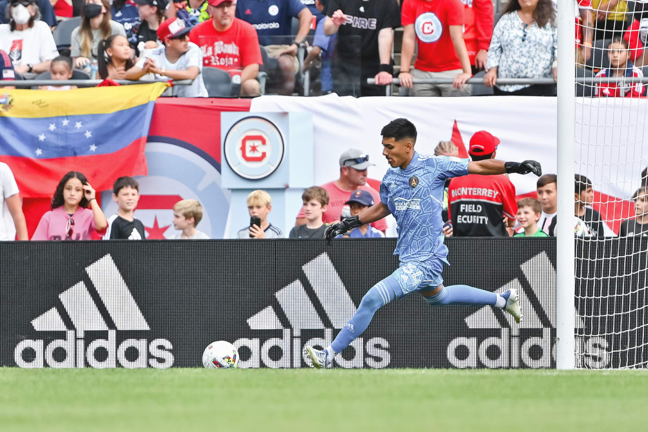 Atlanta United goalkeeper Rocco Rios Novo #34 kicks the ball during the second half of the match against Chicago Fire FC at Soldier Field in Chicago, United States on Saturday July 30, 2022. (Photo by Dakota Williams/Atlanta United)
