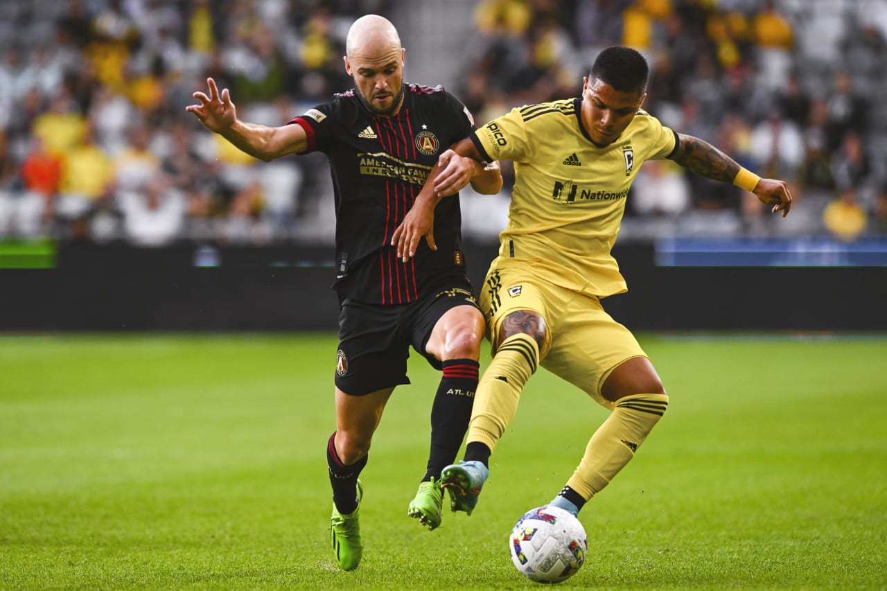 Atlanta United defender Andrew Gutman #15 attacks the ball during the match against Columbus Crew at Lower.com Field in Columbus, United States on Sunday August 21, 2022. (Photo by Ben Jackson/Atlanta United)