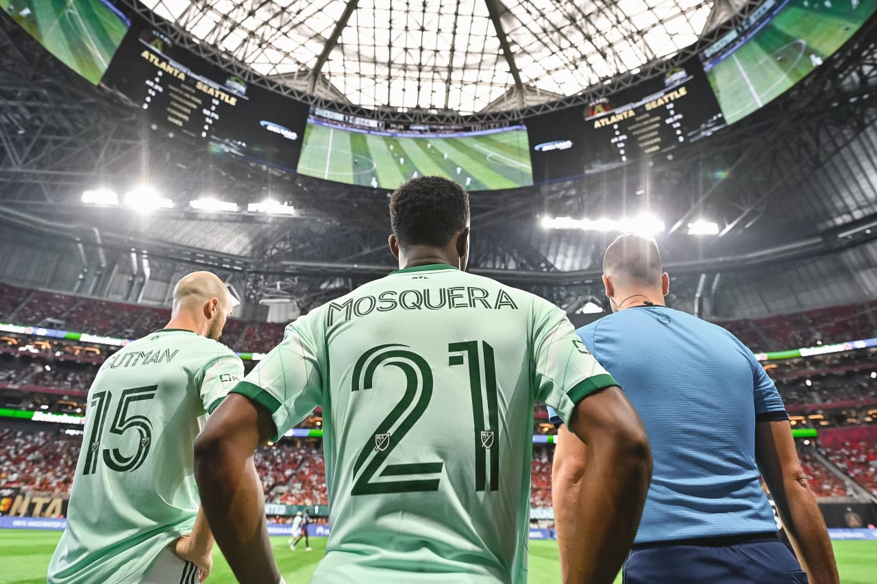 Atlanta United defender Andrew Gutman #15 and forward Edwin Mosquera #21 prepare to sub in during the second half of the match against Seattle Sounders FC at Mercedes-Benz Stadium in Atlanta, United States on Saturday August 6, 2022. (Photo by Dakota Williams/Atlanta United)
