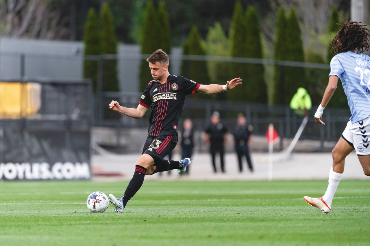 Atlanta United midfielder Amar Sejdic #13 kicks the ball during the match against Chattanooga FC at Fifth Third Bank Stadium in Kennesaw, United States on Wednesday April 20, 2022. (Photo by Dakota Williams/Atlanta United)